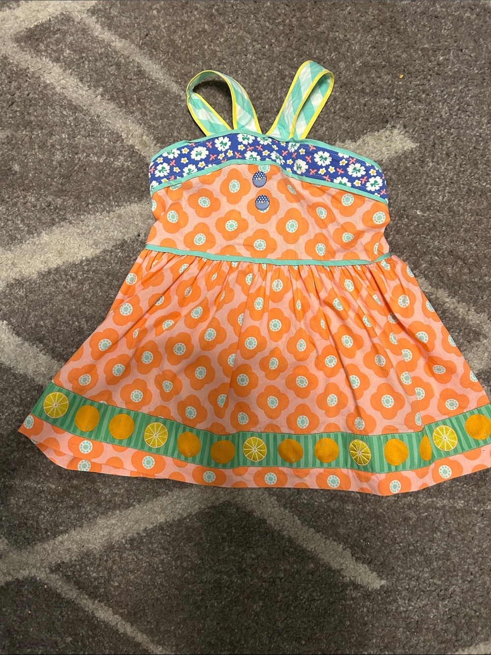 Matilda Jane Coral and Aqua Smocked Halter Dress with Yellow Trim